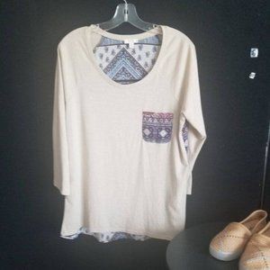 C Mixed Media 3/4 Sleeve Pocket Detail Top Size Medium